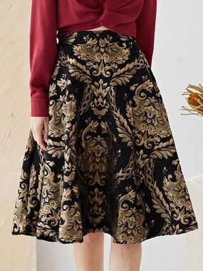 Chicwish Golden Bouquet Black Gold Jacquard Midi Skirt L